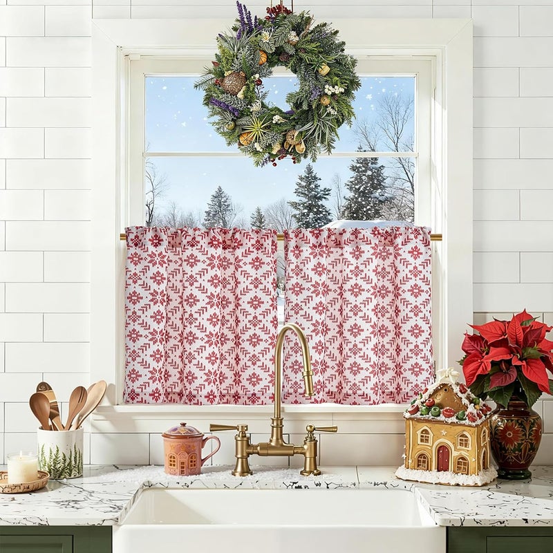 jinchan Snowflake Plaid Christmas Curtains 24 Inch Length Cafe Curtain Red Faux Canvas Textured Knit-Look Tier Curtains Holiday Christmas Decorations for Living Room Small Windows Rod Pocket 2 Panels - Image 1